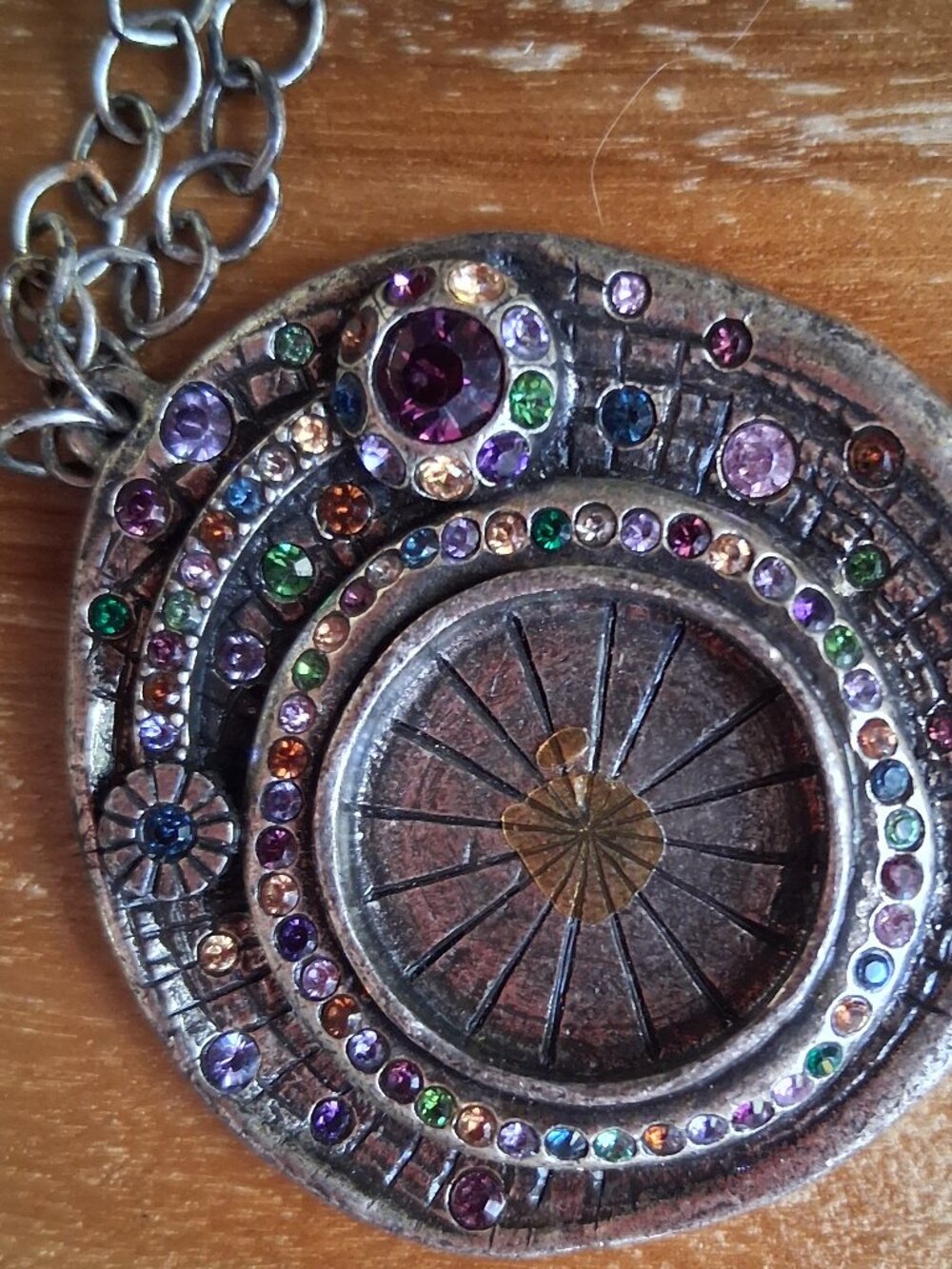 Vintage Gemstone Pendant Necklace Compass Artist Made, 18" Double chain